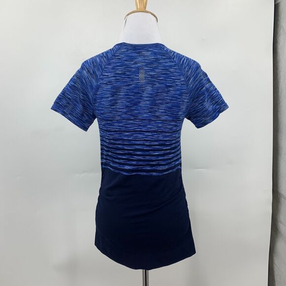 Athleta Finish Fast Spacedye Tee Women S Navy Reflective Ruched Side Gripper Hem - Picture 6 of 15